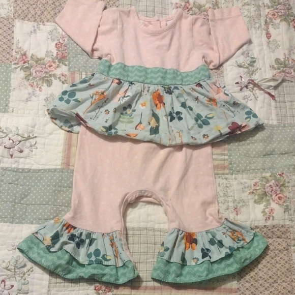 Ricrac & Ruffles Other - Floral Ruffle Kids Romper in Pink and Green